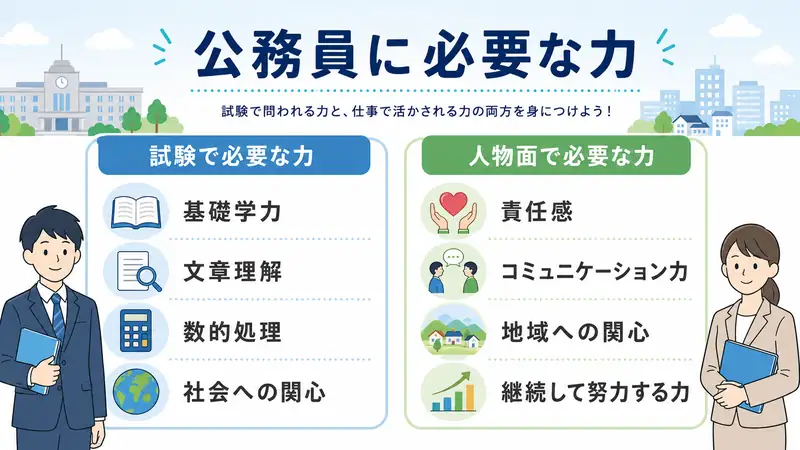 公務員に必要な力として、試験で必要な力と人物面で必要な力を比較した図解